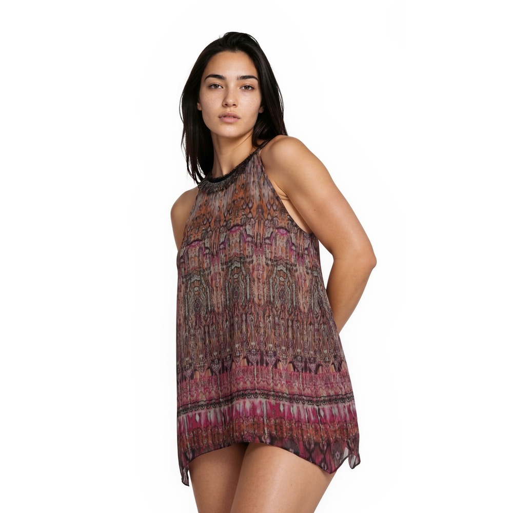 New Robert Graham Silk Halter Tunic Top Women's Size Large Boho Beaded $198